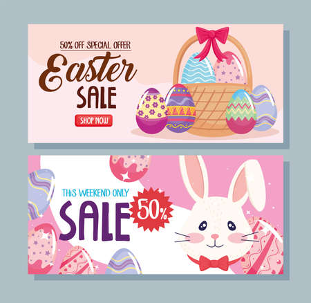 happy easter season sale poster with rabbit and eggs painted vector illustration designのイラスト素材