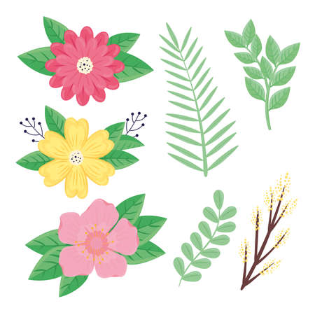 bundle of beauty flowers and leafs spring season set icons vector illustration designのイラスト素材