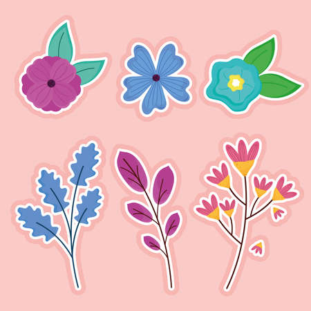 bundle of six spring flowers and leafs vector illustration designのイラスト素材