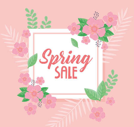spring sale lettering with pink flowers in square frame vector illustration designのイラスト素材