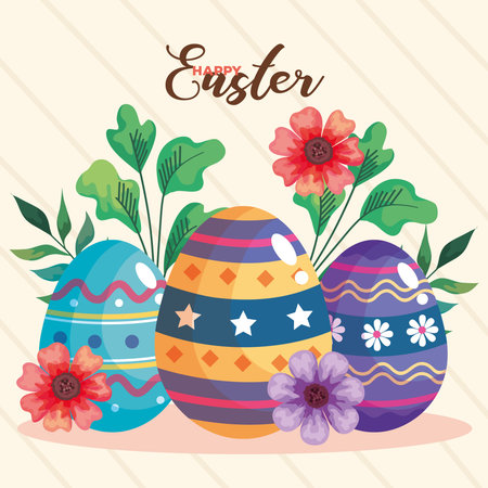 happy easter celebration card with eggs painted and flowers vector illustration designのイラスト素材