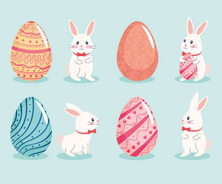 happy easter season card with set of four eggs and rabbits vector illustration designのイラスト素材