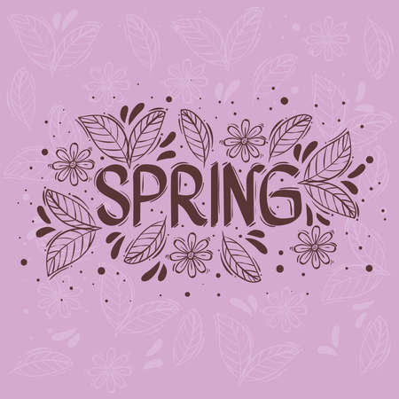 spring season lettering card with floral frame in purple background vector illustration designのイラスト素材