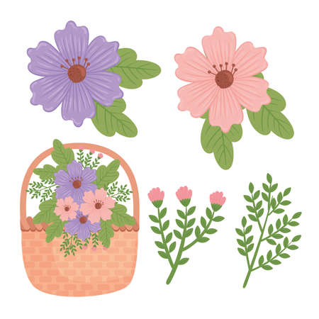 bundle of flowers spring and basket decoration vector illustration designのイラスト素材