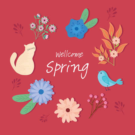 hello spring lettering seasonal card with flowers and bird around vector illustration designのイラスト素材