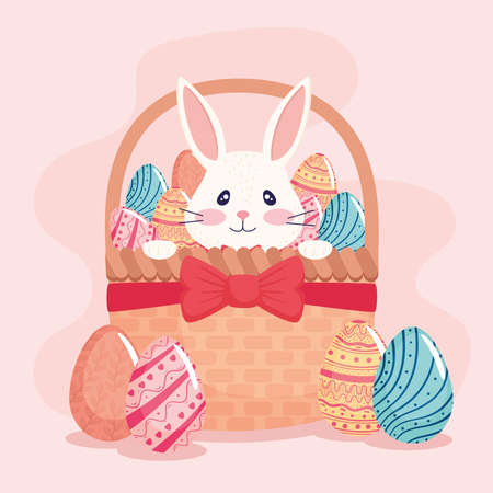 happy easter season card with rabbit and eggs painted in basket vector illustration designのイラスト素材