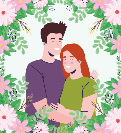 young couple with spring flowers frame vector illustration designのイラスト素材