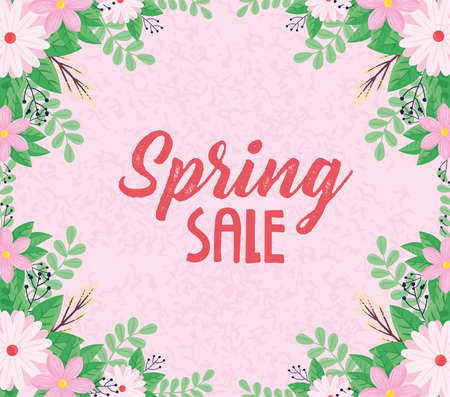spring sale lettering with pink flowers frame vector illustration designのイラスト素材