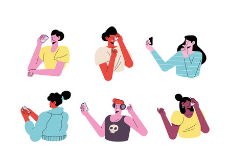 young six persons wearing technology characters vector illustration design