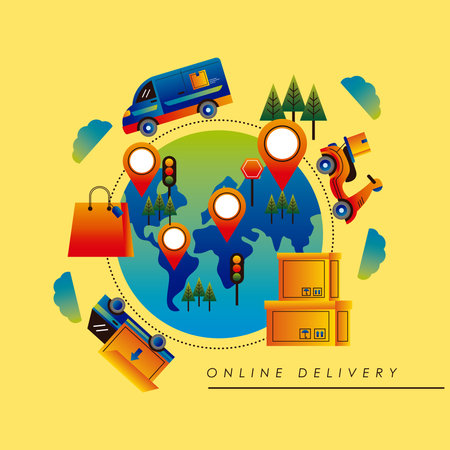 online delivery service technology with vehicles around of planet vector illustration designのイラスト素材