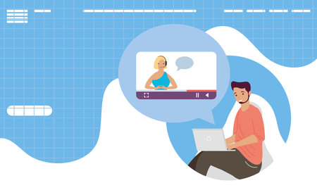 young man using laptop and video conference template online learning vector illustration design