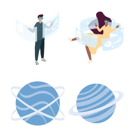 couple using virtual reality masks and planets vector illustration designのイラスト素材