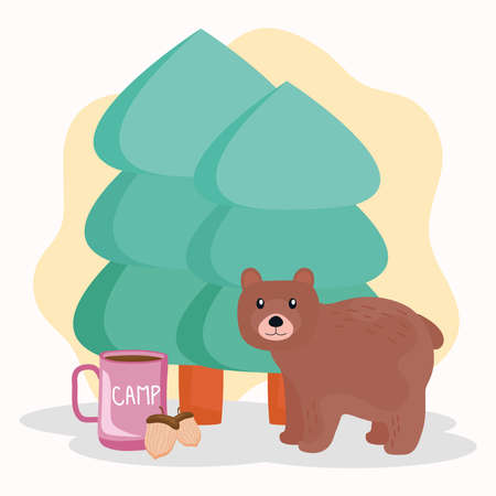 bear grizzly with pines trees scene vector illustration designのイラスト素材