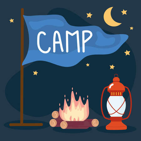flag with camp word and campfire vector illustration designのイラスト素材