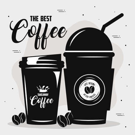 coffee drink lettering with plastic pots vector illustration designのイラスト素材