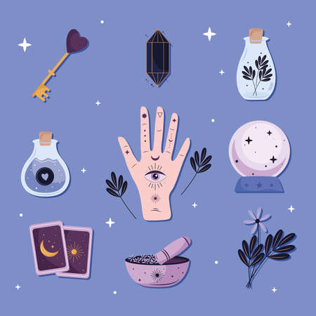 bundle of nine esoteric art set icons in blue background vector illustration designのイラスト素材