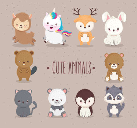 bundle of ten cute animals set icons and lettering vector illustration designのイラスト素材