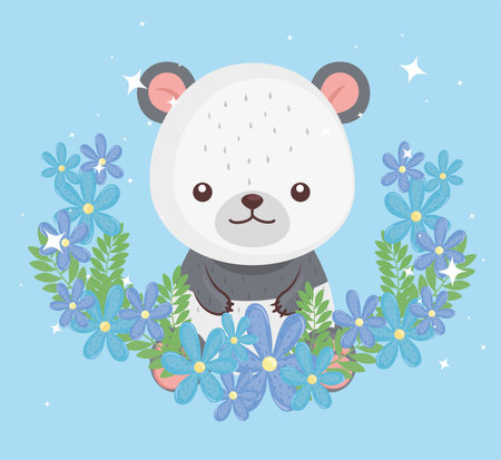 cute lovely , bear panda with flowers vector illustration designのイラスト素材
