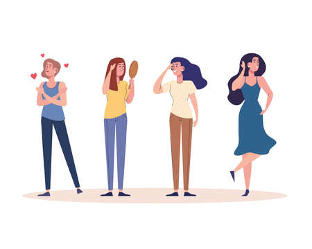 group of four beautiful girls characters vector illustration designのイラスト素材