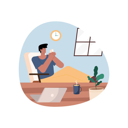 young man using smartphone in the office character vector illustration designのイラスト素材