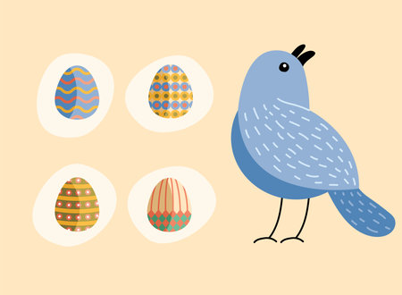 bundle of eggs painted and bird happy easter celebration vector illustration designのイラスト素材