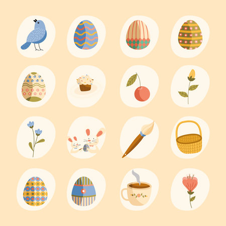 bundle of sixteen happy easter celebration icons vector illustration designのイラスト素材