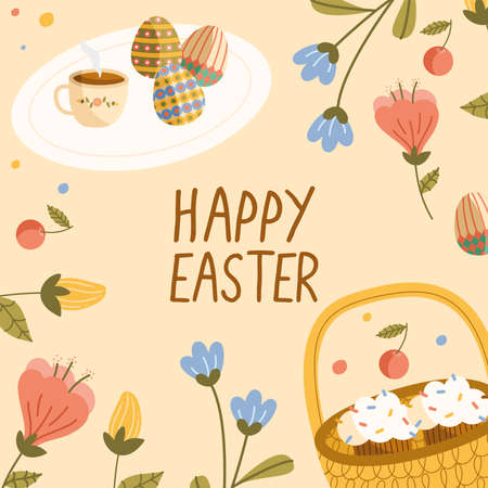 happy easter lettering card with cupcakes in basket and eggs painted vector illustration designのイラスト素材