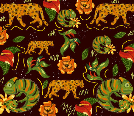 exotic animals and flowers pattern vector illustration designのイラスト素材