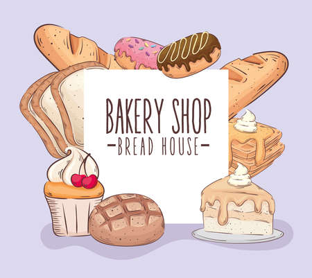 bakery shop lettering banner with pastry products vector illustration designのイラスト素材
