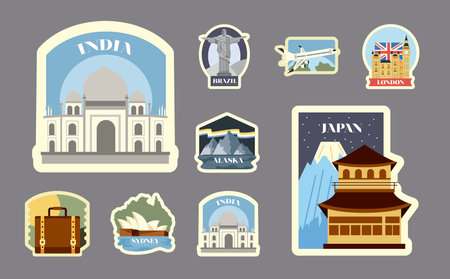 travel monuments set stickers iconsのイラスト素材