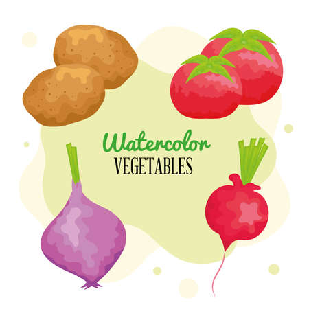 watercolor lettering and vegetables iconsのイラスト素材