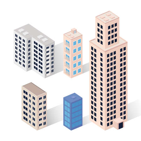 five buildings isometric set iconsのイラスト素材