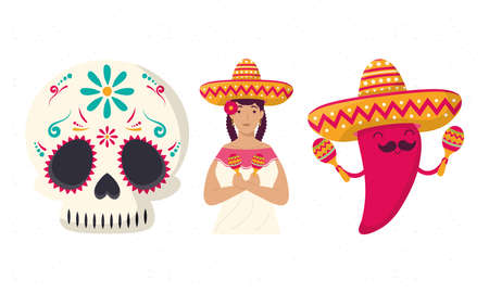 three mexican celebration set iconsのイラスト素材