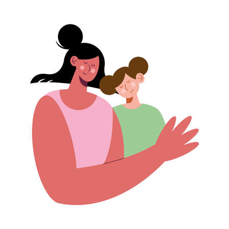 cute mom hugging daughter charactersのイラスト素材
