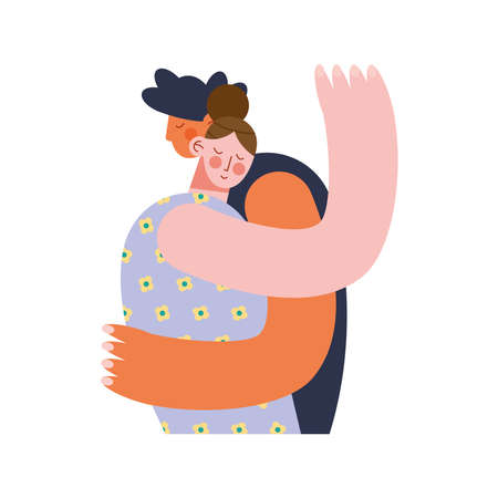 mom with housband hugging charactersのイラスト素材