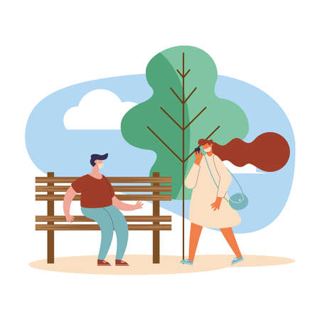 couple using masks in parkのイラスト素材