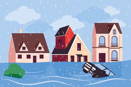 car and buildings flood sceneのイラスト素材