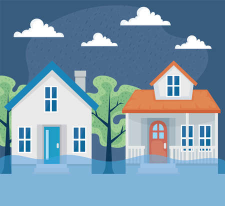 houses street flood scene iconsのイラスト素材