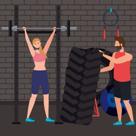 strong couple characters practicing crossfitのイラスト素材