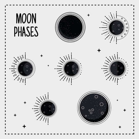 seven moons phases lettering gray backgroundのイラスト素材