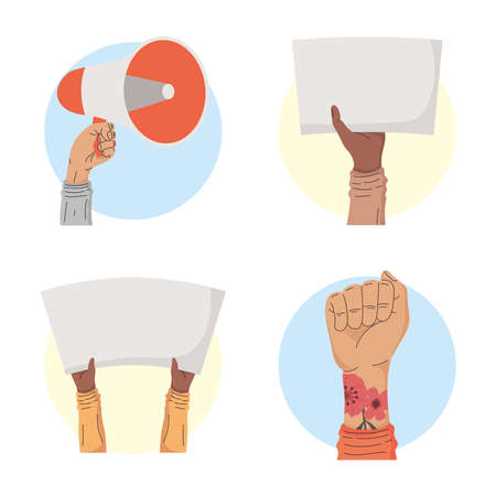 four interracial protesters hands with iconsのイラスト素材