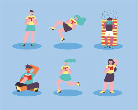 six persons with dyslexia charactersのイラスト素材