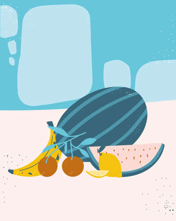 fresh fruits collage abstract printのイラスト素材