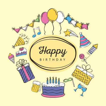 birthday celebration icons and letteringのイラスト素材
