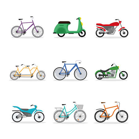 nine bikes and motorcycles vehicles set iconsのイラスト素材