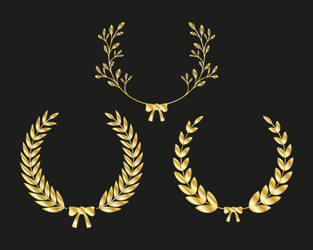 three laurel wreaths gold set icons