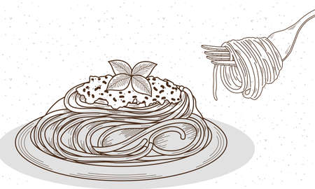 italian spaghetti in dish and forkのイラスト素材