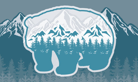bear adventure emblem with mountainsのイラスト素材