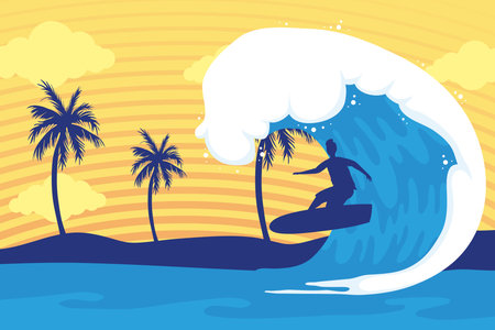 waves and surfer in sunset scene