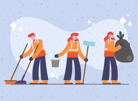 cleaning persons team group charactersのイラスト素材